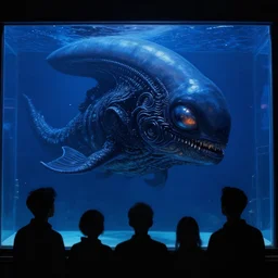 close - up view of silhouettes watching a giant dark sci - fi alien sea creature with big glowing eyes in a giant futuristic fish tank, deep blue colors, highly detailed science fiction painting by syd mead, roger dean, and moebius. rich colors, high contrast, black background. unreal engine, artstation.
