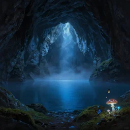 a mystical cave, still blue water calm as a mirror, dark rocks, shadows, mossy ground, atmospheric, butterflies, glowing mushrooms, misty, masterpiece, very detailed, cold blue light, trending on artstation, hyperrealistic, painted by Jessiah Thomason