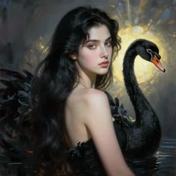 roberto ferri art, leda young woman black long hair with black swan painting