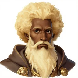 a detailed portrait illustration of a steampunk wizard - sage. beautiful black male face, thin, hollow eyes. blonde afro hairstyle. art nouveau, pop art, comic book style. influenced by neil gaiman, h. p. lovecraft, dan mumford, brian froud, vadim voitekhovitch, osborne macharia, ross tran.