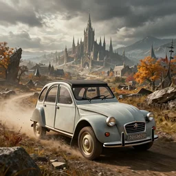 offroad citroen 2 cv ( 1 9 6 5 ) driving across the rift, riften city in the background, epic fantasy, autumn, the elder scrolls v : skyrim, dramatic lighting, establishing shot, by simon stalenhag
