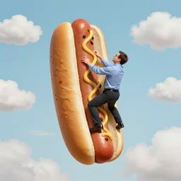!!! michael scott from the office climbing a giant!!!!! hotdog positioned vertically on the background of a light blue!! sky filled with fluffy! clouds, hyperrealistic airbrushed color stock photo