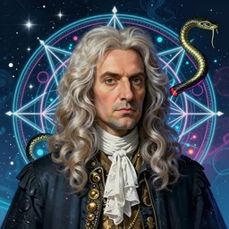 a cyberpunk portrait of sir issac newton by jean - michel basquiat, by hayao miyazaki by artgerm, highly detailed, sacred geometry, mathematics, snake, geometry, cyberpunk, vibrant, water