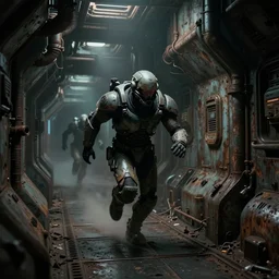 horror movie scene of an individual in futuristic armor being chased down a hallway, running through a deep space mining space station designed by hr giger, rusty metal walls, broken pipes, side angle, dark colors, muted colors, tense atmosphere, mist floats in the air, amazing value control, dead space, moody colors, dramatic lighting, ussg ishimura, frank frazetta,