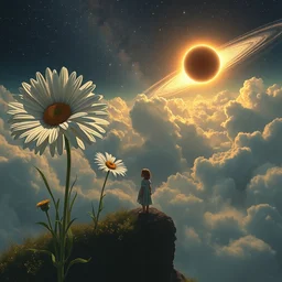 giant white daisy flowers blooming over head, girl standing on cliff, surreal photography, solar eclipse, milky way, dramatic light, impressionist painting, clouds, digital painting, artstation, james gilleard, liam wong, jeremy mann, simon stalenhag