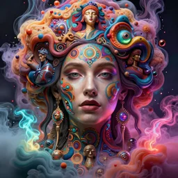 a gorgeous woman surrounded by colorful liquid clouds and neon smoke, extremely detailed, in a psychedelic experience, psilocybin, dmt, lsd, face, highly detailed, artstation, alphonse mucha, hana yata, and artem demura and beeple, bill sienkiewicz, octane render, unreal engine, 8 k