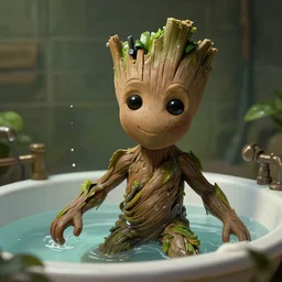 Groot Takes a Bath, sharp focus, intricate concept art, digital painting, ambient lighting, 4k,