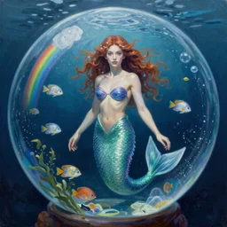 By Olga Nikitina and Tom Bagshaw, ultra realist soft painting of an underwater fish universe in a stormglobe, beautiful mermaid in curvy bodysuit, symmetry accurate features, very intricate details, deep underwater environment, rainbow lighting, volumetric light water