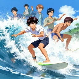 surfing by takehiko inoue and kim jung gi, hiroya oku thomas kinkade, greg rutkowski and ilyaku, stanley artgerm lau, wlop, rossdraws, james jean, andrei riabovitchev, marc simonetti, yoshitaka amano, unreal engine, trending on artstation, trending on deviantart,