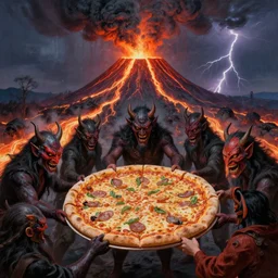 masked demons grabbing a large pizza!!!, in the background is a volcano spewing lava and black smoke, streams of glowing hot lava, flashes of lightning in the distance. wide angle, long shot, an ultrafine detailed painting by artgerm and greg rutkowski and fuji choko and viktoria gavrilenko and hoang lap, deviantart, pop surrealism