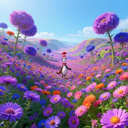 beautiful digital illustration of a field of giant purple pink orange and blue aster flowers by dr. seuss, reimagined by industrial light and magic and beeple : 1 | towering megaflora by dr. seuss, spectral color, rolling hills, wide angle : 0. 9 | fantasy, cinematic : 0. 8 | unreal engine, octane, finalrender, deviantart, artstation, artstation hq, behance, hd, 8 k resolution : 0. 7