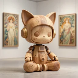3D octane render ultra 8K photorealistic highly  hyperdetailed unreal engine ,a wooden sculpture ,art toys on feet ,very cute robot mystic with bird and cat ears zen meditation cyberpunk concept art ,trending on cgsociety ,artwork masterpiece , a on contemporary art gallery and néo Paris by Alphonse Mucha and Robert Crumb