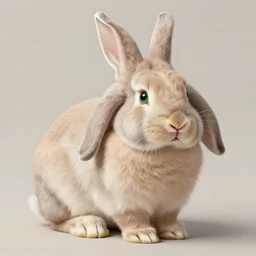 detailed paint of a cute beige rabbit with cat's paws and cat's muzzle, big green eyes, long tail and long floppy ears