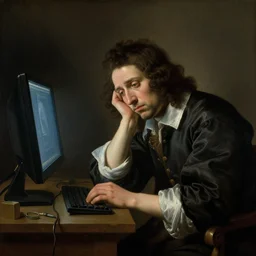 A Baroque painting of an AI artist who is sad because he wants a more powerful computer, by Pieter Claesz, masterpiece, trending on ArtStation, 8K,