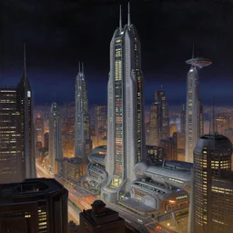 a painting of a futuristic city at night, a detailed matte painting by stephan martiniere and john berkey, cgsociety, artstation, space art, retrofuturism, reimagined by industrial light and magic, sci - fi, matte painting, artstation hq