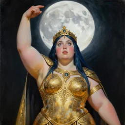 painting of junoesque plus size priestess of the moon, golden filigree armor and tiara, right arm raised above head, moon above head, dark blue straight hair, smooth translucent skin, wide striking eyes, beautiful! coherent! by brom, by brian froud, strong line, high contrast, muted color, 4 k, trending on artstation