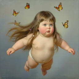 a little chubby boy, medium long straight hair floating in space. clean, painting, beautiful detailed face, lots of butterflies. by raymond swanland and artgerm and greg rutkowski