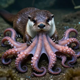 a medium shot wildlife photograph of an otter hybridised with an octopus, many suckered tentacles. hybrid, david attenborough, detailed