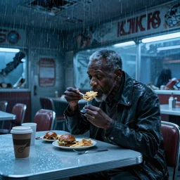 movie scene of an old black civilian eating breakfast in the destroyed diner, cool blue lighting, rainy day, wonder war ( 2 0 0 8 )