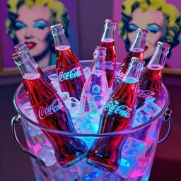 a beautiful masterpiece photograph of a retro ice bucket brimming with cold coca - cola bottles, containing glowing prismatic dazzle camouflage dayglo pink blue technicolor liquid, by andy warhol and francis picabia, volumetric lighting, rendered in octane, rendered in unreal engine, trending on artstation