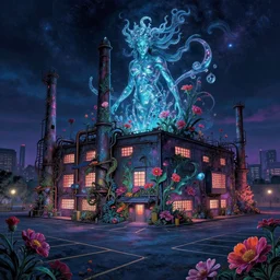 a beautiful hyperdetailed illustration of city nature parking lot industrial architecture building by peter doig, evil otherworldly at night neon noir nightsky flowers neptune lightpaint cosmic reclaimed by nature magic realism crystal nightvision, archdaily, wallpaper, highly detailed, trending on artstation.