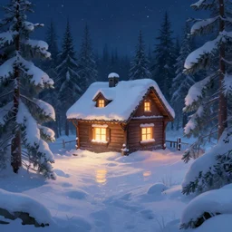 snowy landscape with santa's house in night forest, warm light coming from the window and reflects on the snow. digital art, artstation, high details, trending, behance, by wlop, luis royo, artgerm