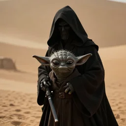 still of a black Yoda from Starwars as a hooded dark Sith Lord, in the desert, cinematic lighting, cinematic composition, depth of field