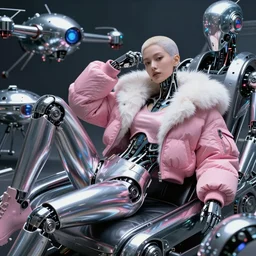 beautiful fantasy character portrait cyberpunk robot, wearing pink puffy bomber jacket with white fur, seductive reclining pose, futuristic chrome drones, ultra realistic, dramatic lighting, robots, the fifth element artifacts, highly detailed by peter mohrbacher, hajime sorayama, wayne barlowe, boris vallejo, aaron horkey, gaston bussiere, craig mullins