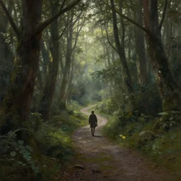 concept art mood painting environment painting man walking down winding forest path 7 am early morning lord of the rings. style of ryan church jon mccoy george hull painting