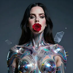 portrait of lana del rey as a cyberpunk cyborg. rose on mouth, sci - fi, missing panels, intricate abstract upper body intricate artwork, by tooth wu, wlop, beeple, dan mumford. concept art, octane render, deviantart, greg rutkowski, cinematic, key art, hyperrealism, iridescent accents