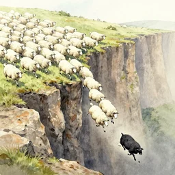 hundreds of white sheep running towards a cliff and falling down to the rocks below and one black sheep going against the crowd, watercolor sketching, wide shot