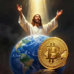 jesus bringing light to earth with!!! bitcoin, glorious, dramatic, heroic, volumetric lighting, digital painting, ultra sharp, extreme details
