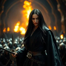 epic photo of salma hayek as beautiful wizard wearing a black satin robe and metal belt in lord of the rings with long straight black hair fighting the battlefield with hundreds of soldiers, sweaty, detailed eyes, neutral expression, shallow depth of field, photorealistic, cinematic lighting, lovely bokeh, dungeon setting, dark moody light, strong rim light, movie quality, fire light, flames, lord of the rings 1 9 8 5, movie still