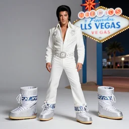 vegas elvis in white jumpsuit advertisement for new line of rhinestone moonboots, 3 5 mm portrait, magazine ad, 1 9 7 5,