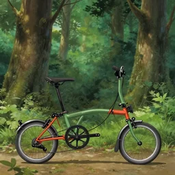 brompton bike in a forest, by ghibli studio