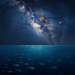 you are at the bottom of the ocean looking up, see fishes swimming, the milk way, night time, midnight. highly detailed painting by gaston bussiere, greg rutkowski 8 k