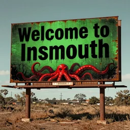 rusty vintage road billboard welcom to insmouth, horror, dark, green and black, red tentacles