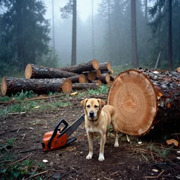 sad puppy standing next to saw, clear cutting logging operation, fog, old growth forest, ektachrome, photo from 1 9 9 8,