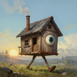 a walking wood and metal house with two legs and one big eye, smoke chimney, rust, hyperrealistic, highly detailed, cinematic, single ray of sun, morning, pareidolia, gravity falls style, disney, ghibli, beautiful, cgssociety, artstation, 8 k, oil painting, digital art