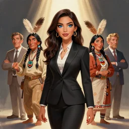 full body cartoon render painting of a strikingly gorgeous assiniboine and mandan and german woman with blue eyes and long dark brown hair, wearing a modern black business suit, art by norman rockwell, emiliano ponzi, andrey remnev, yoann lossel, aaron jasinski, epic composition, hd, octane, unreal engine, volumetric lighting, light rays, masterpiece, award - winning