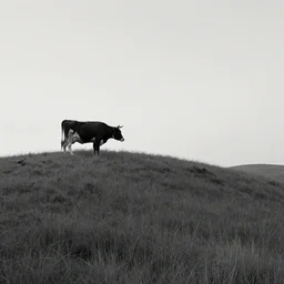 a cow on hill voidscape by simon stalenhag and ansel adams, digital art