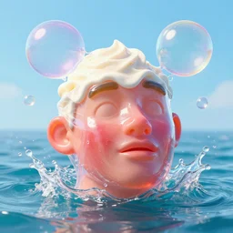 a funny sculpture of a squashed human head made of jelly wrapped in cling film with ice cream spread on it on ocean water, funny face, giant buble, 3 d objects, realistic water splashes, water art, vibrant, in the style of mike campau, cg render, ray tracing, 8 k resolution, sharp