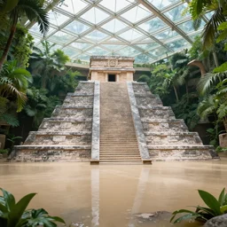 interior of a flooded mayan pyramid, glass ceilings, lush gardens, by peter mohrbacher dan mumford craig mullins nekro, cgsociety, pixiv, volumetric light, 3 d render