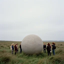 dreamy 1 9 8 0 s photo of people gathered around an enormous, concrete orb in the foreground of windy moor, visible horizon, kate bush, dreamy, flat grey sky
