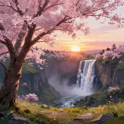 featured on artstation cherry tree overlooking valley waterfall sunset beautiful image stylized digital art hjh