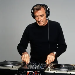 Sean Connery Zardoz wearing headphones DJing with DJ turntables, photoreal