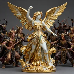 high intricate porcelain baroque angelic warrior fighting the army of the demon lord, 8 k, hyperrealistic hyperdetailed gold and neon maria panfilova, andrea savchenko, mike kime, ludovic plouffe, qi sheng luo, oliver cook, trending on artstation