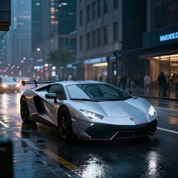supercar on wet street in the city, cyberpunk, octane