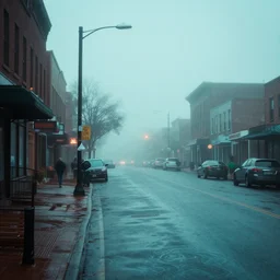 Photograph of american street, foggy, afternoon, teal, heat ripples, 300mm f 5.6, award winning photograph