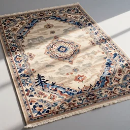 A Persian carpet with Japanese ukiyo-e patterns and soft colors laid flat.